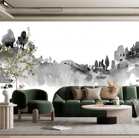 Black and white watercolor mural or wallpaper