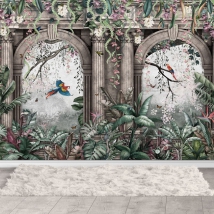 Papier peint ruines dans la jungle avec aras oiseaux plantes et fleurs