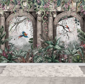 Papier peint ruines dans la jungle avec aras oiseaux plantes et fleurs