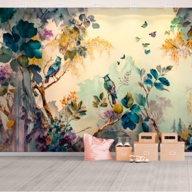 Papier peint aquarelle dessin jungle tropicale avec oiseaux papillon fleurs et arbres