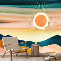Peinture murale ou papier peint peinture paysage montagnes et soleil doré moderne