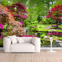 Papier peint paysage de parc avec des arbres colorés et un lac
