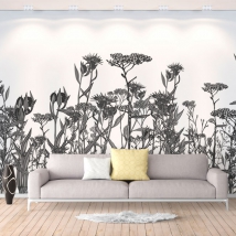 Papier peint dessinant des fleurs noires et blanches de profil