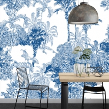 Papier peint dessinant un paysage tropical de ton bleu avec des palmiers