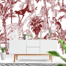 Ton brun moderne dessinant des palmiers et des singes papier peint ou peinture murale