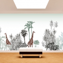 Papier peint ou murale dessin horizon africain avec plantes, palmiers, girafes et zèbres