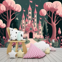 Papier peint illustration pour enfants château de conte de fées rose