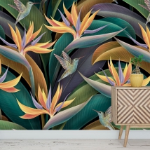  papier peint ou mural dessin plante oiseau de paradis et motif colibri
