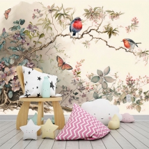 Papier peint ou murale aquarelle dessin oiseaux papillons et fleurs sauvages