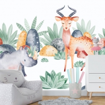 Papier peint ou peinture murale aquarelle dessinant des bébés animaux dans la nature
