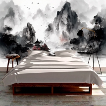 Papier peint ou photomural aquarelle dessin paysage asiatique lac et temple