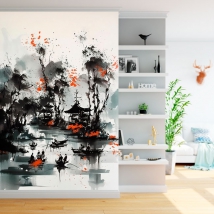 Papier peint dessin peinture à l'encre japonaise paysage lacustre avec des bateaux