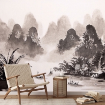 Papier peint mural encre artistique dessin de paysage asiatique