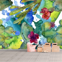 Papier peint ou peinture murale aquarelle dessinant des fleurs et des catus modernes et jeunes