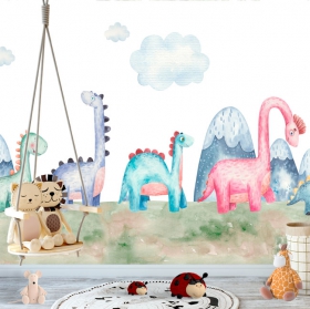 Papier peint ou murale illustration aquarelle dinosaures pour enfants