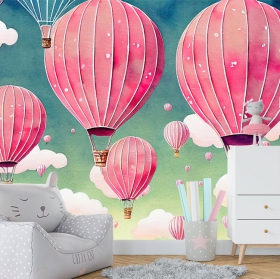 Papier peint mural dessinant des ballons roses dans le ciel pour les enfants